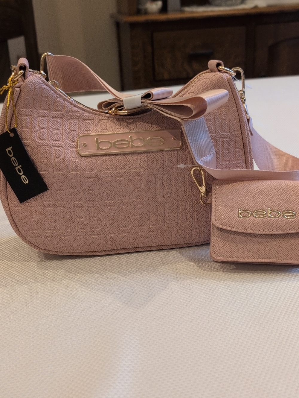 bebe Pink Embossed Logo Shoulder Bag with Coin Pouch
